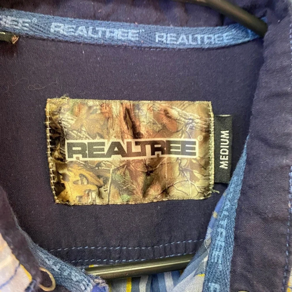 Realtree Mens Blue Plaid Long Sleeve Pearl Snap Western Shirt Medium Camo Trim
